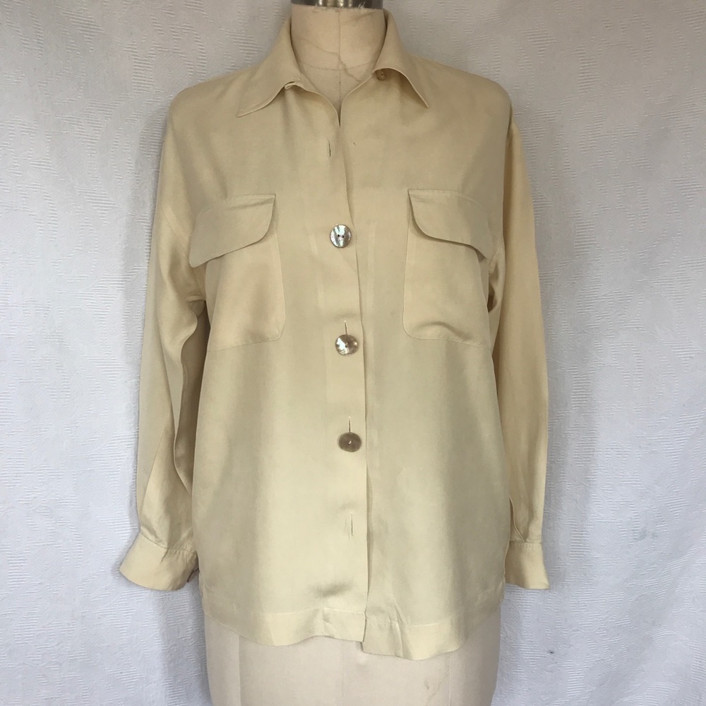 Vtg Teenflo silk flap pocket button down Blouse Lg